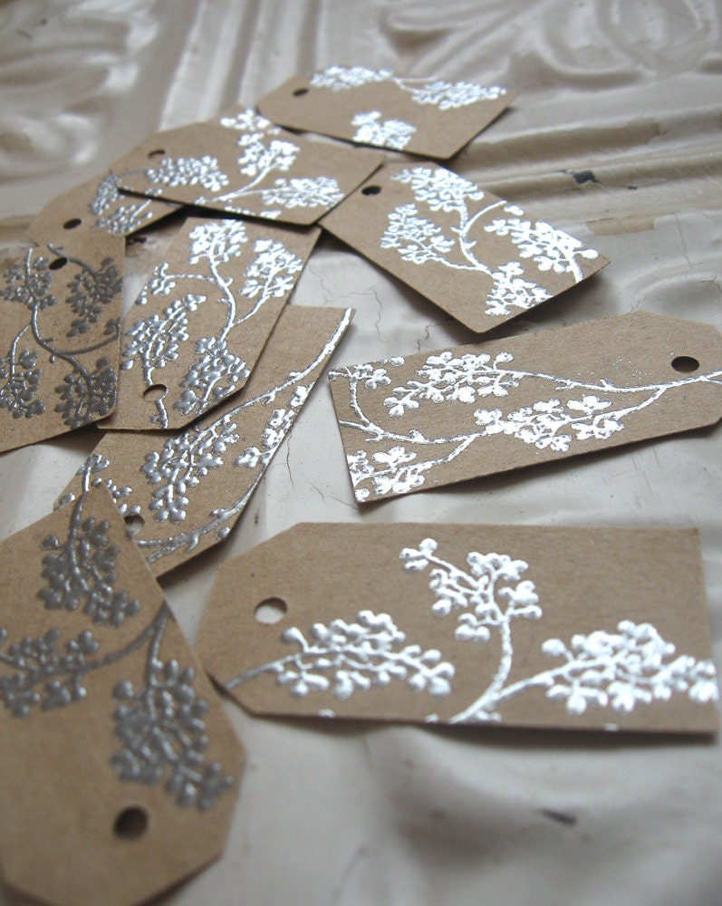 10 Kraft silver embossed mini gift tags - branches and berries