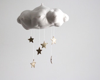Gold Star Cloud Mobile- modern fabric sculpture for baby nursery decor in white linen and metallic faux gold leather