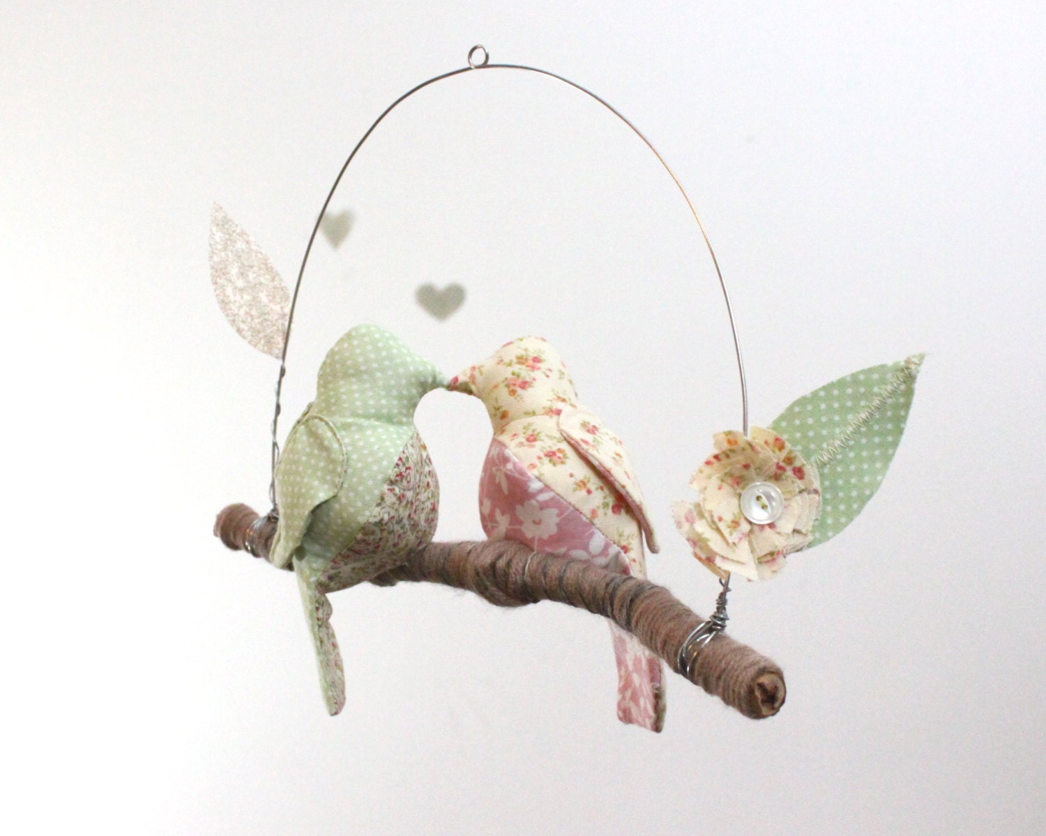 Custom 2 Lovebirds Mobile - K-I-S-S-I-N-G - fabric mobile on yarn wrapped perch