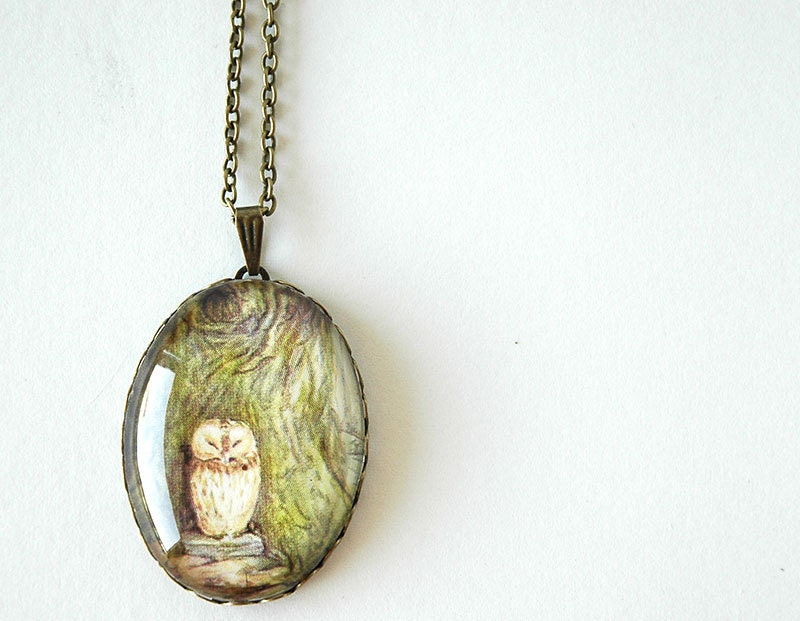 Vintage Storybook Necklace - Owl - 40x30 Glass Pendant