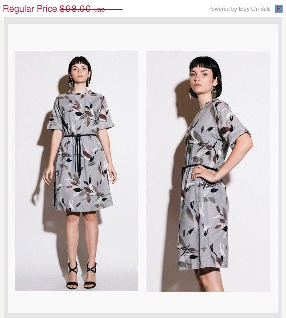 SALE 1960s Vintage Grey Feather Print Ruffle Neckline Day Dress