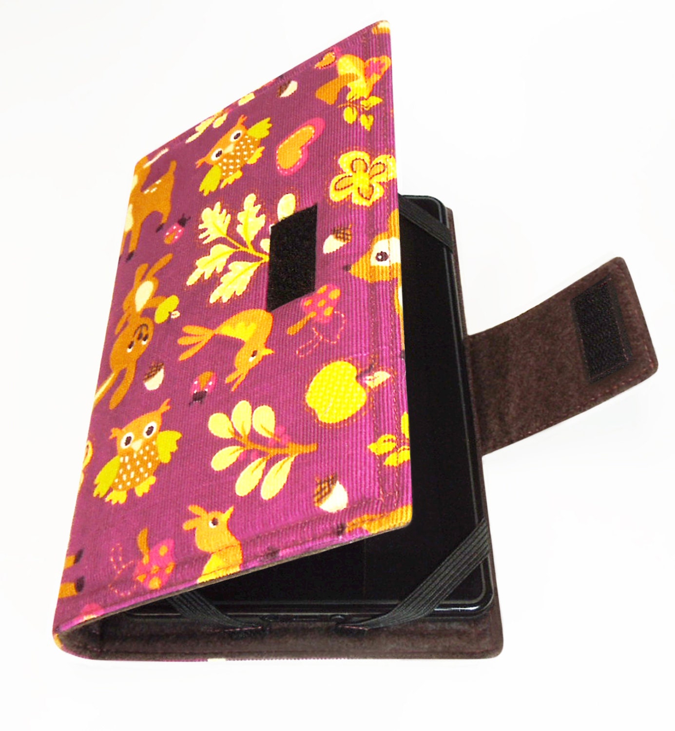 Google Nexus 7 / Kindle Fire (original) book-style cover case - Woodland creatures in fuchsia