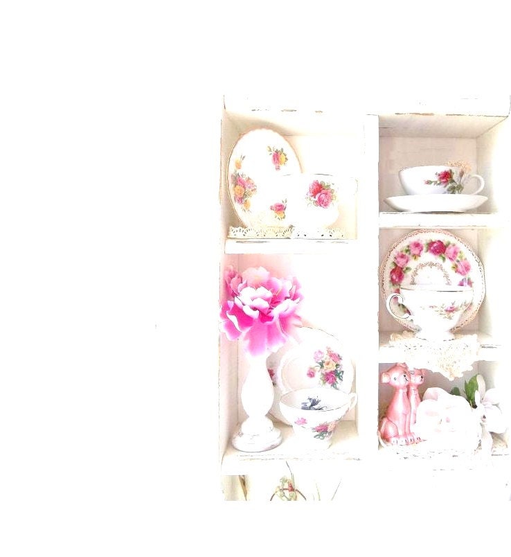 Vintage SHabby Cottage Decor. Tall Cupboard Wall Shelf Romantic Cottage Chic Victorian Style