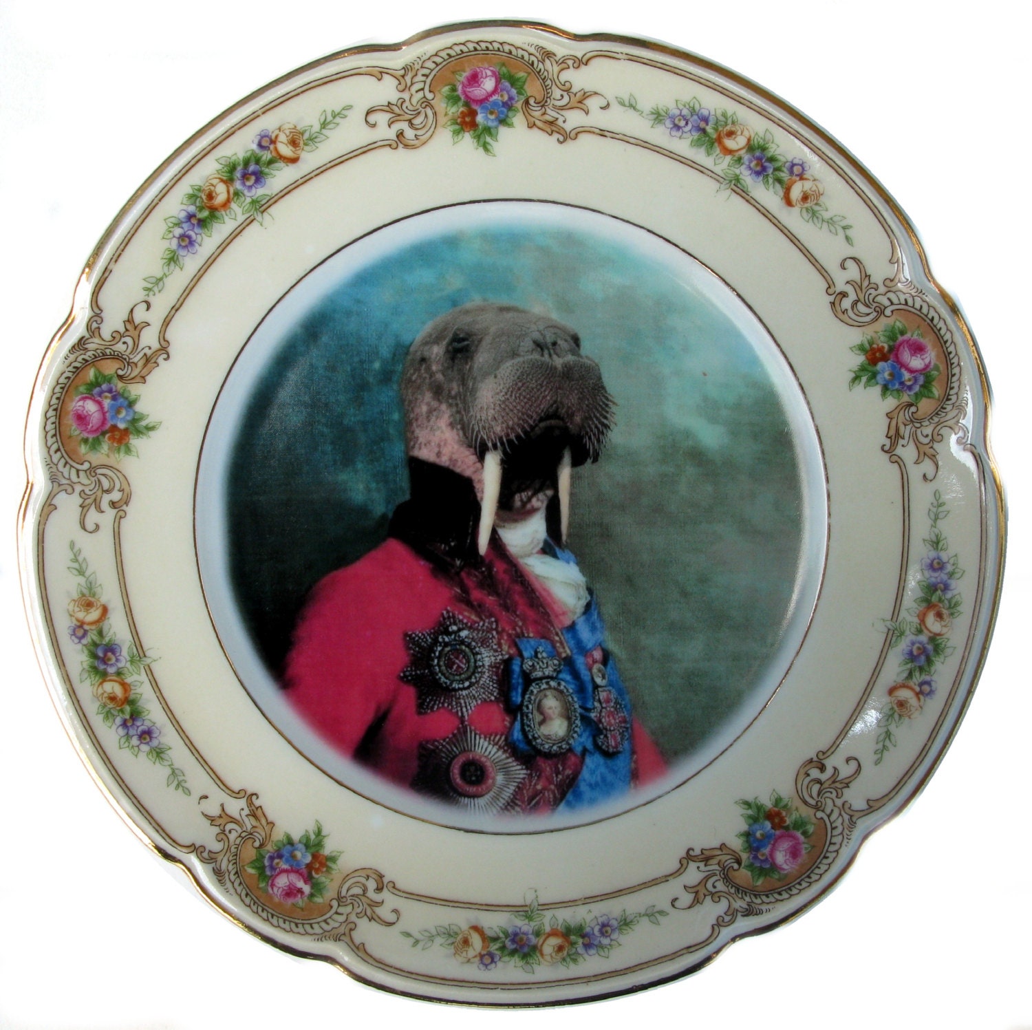 Sir Odobenus Rosmarus Portrait - Altered Vintage Plate 7.5"