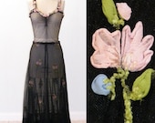 1930s Dress, 30s Art Deco Dress, Black Net Dress Embroidered Silk Chiffon & Chenille Flowers, 30s OverDress, XS