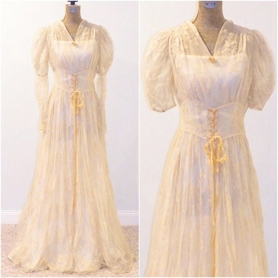 1940s Wedding Dress, 30s 40s Cream Flocked Net Wedding Gown & Slip, Vintage Wedding Dress, Removable Snap Sleeves, Renaissance Juliet Dress