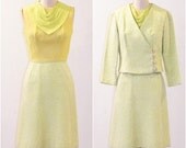 1960s Cocktail Dress & Jacket Set, 60s Yellow Green Silk Georgette and Matelassé Sleeveless Dress Cropped Jacket, Mod Dress Suit Mad Men