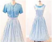 1940s 50s Sun Dress Set, Blue & White Striped Cotton Summer Dress Belt and Bolero Jacket, Queen Maker Vintage Full Skirt Dress