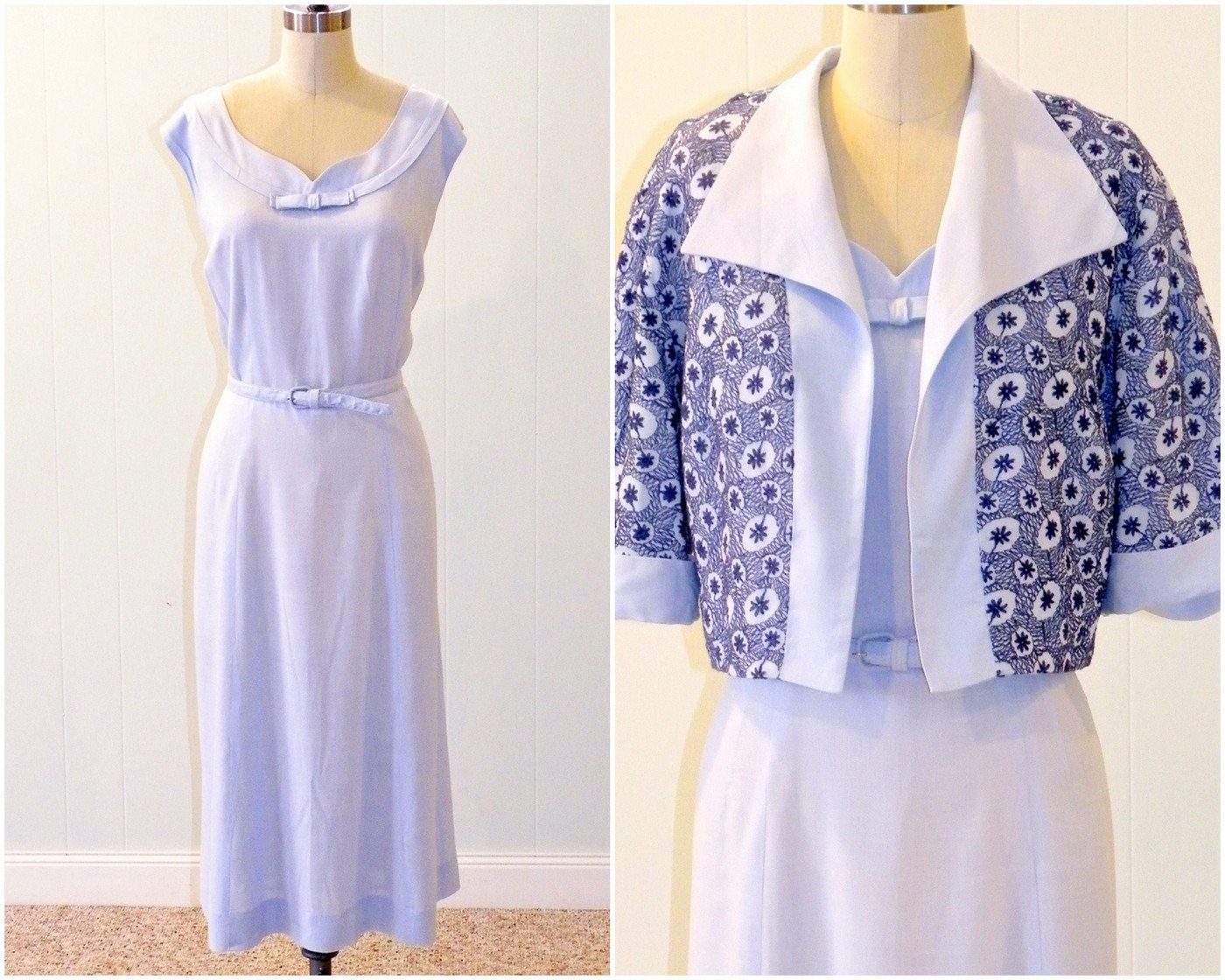 Plus Size Vintage 1950s Dress, 50s Sundress, Pale Blue Cotton Dress & Embroidered Bolero Jacket, Vintage Summer Dress Set