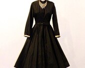 1950s Dress, 50s Full Circle Skirt Dress, Vintage Little Black Cocktail Dress, Marshall Field & Co, New Look XXS