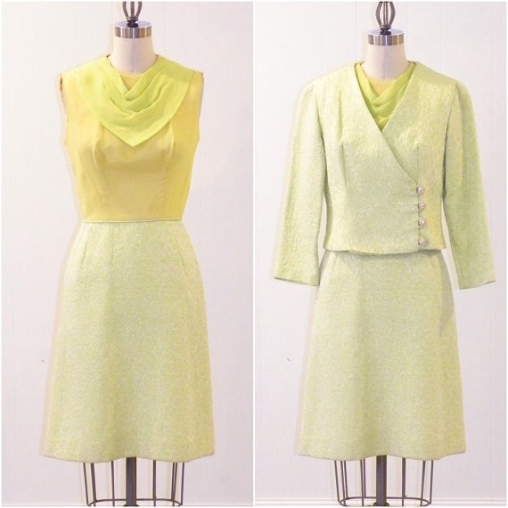1960s Cocktail Dress & Jacket Set, 60s Yellow Green Silk Georgette and Matelassé Sleeveless Dress Cropped Jacket, Mod Dress Suit Mad Men