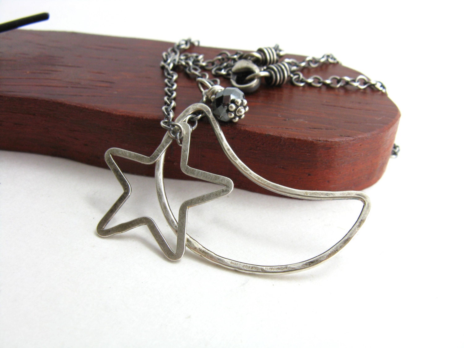 Crescent Moon Star Pendant Sterling Silver Necklace Handmade Metalwork Jewelry
