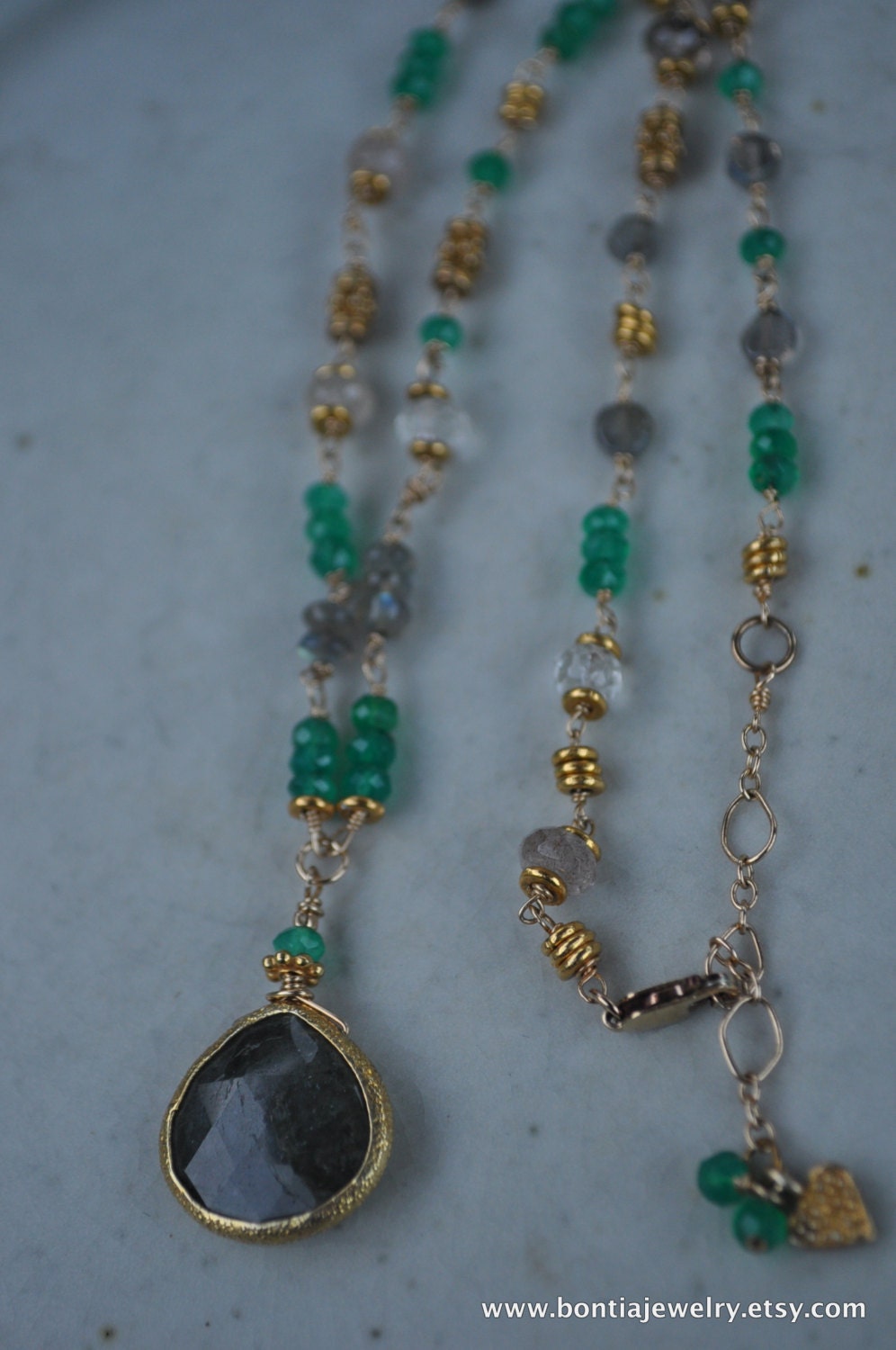 Journey Necklace. Green Agate, Labradorite Pendant & Gold Filled Wiring