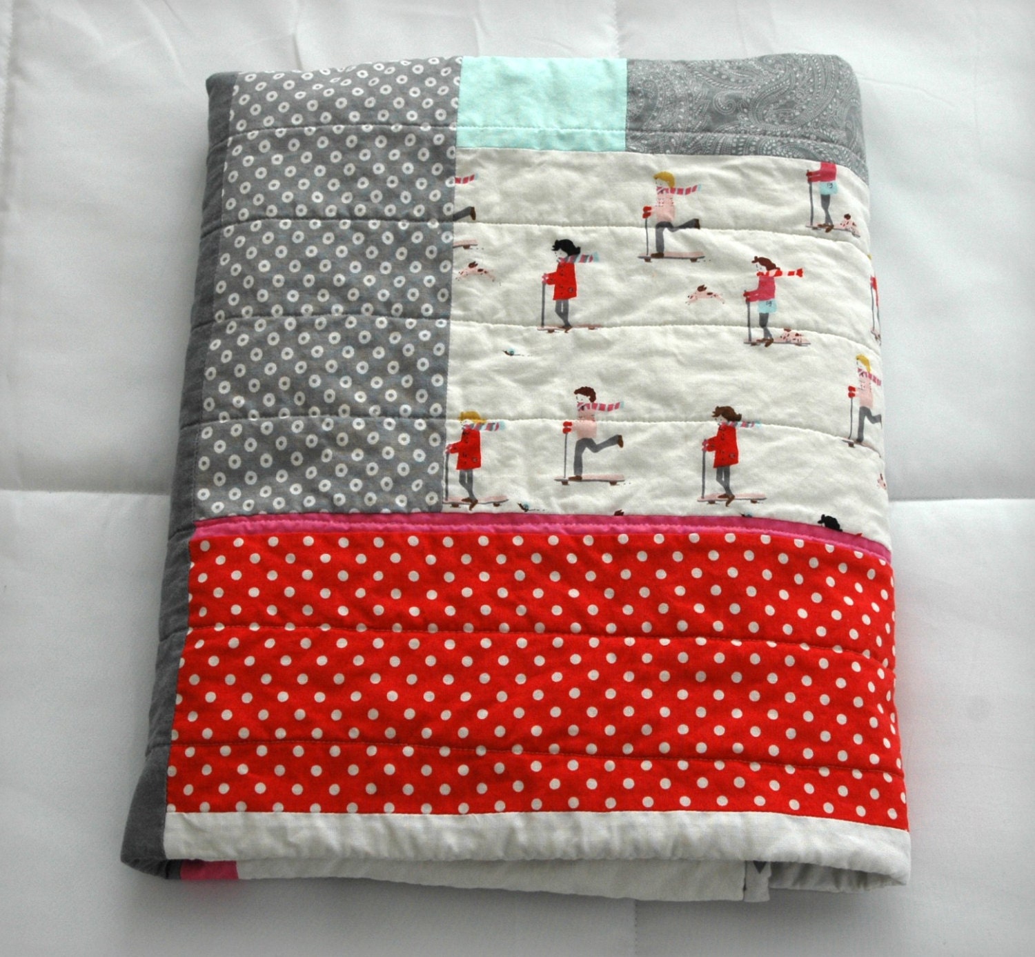 Patchwork Baby Quilt in Grays and Polka Dots and Kids on Scooters, Ready to Ship