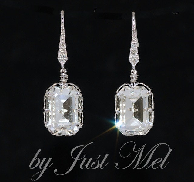 Wedding Earrings, Bridesmaid Earrings, Bridal Jewelry - Swarovski Clear Rectangular Crystal and Cubic Zirconia Earring (E483)