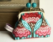NEW Turquoise bobble coin purse gold frame turquoise pink flower geometric