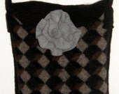 Felted Chocolate Brown ipad case messenger bag geometric pattern Felted Upcycled Sweater Argyle Messenger Bag Attached  Silverfelted  flower