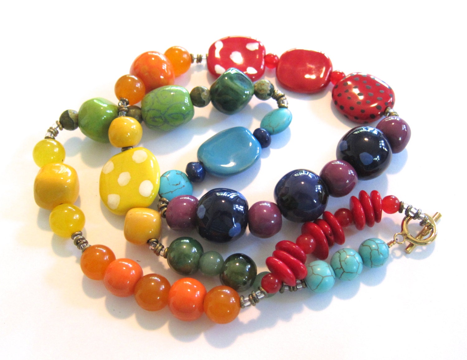 Kazuri Beaded Necklace, Rainbow Colors, Semi Precious Stones, Fair Trade