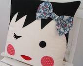 Winking Girl Face Pillow - Blue Floral (232)