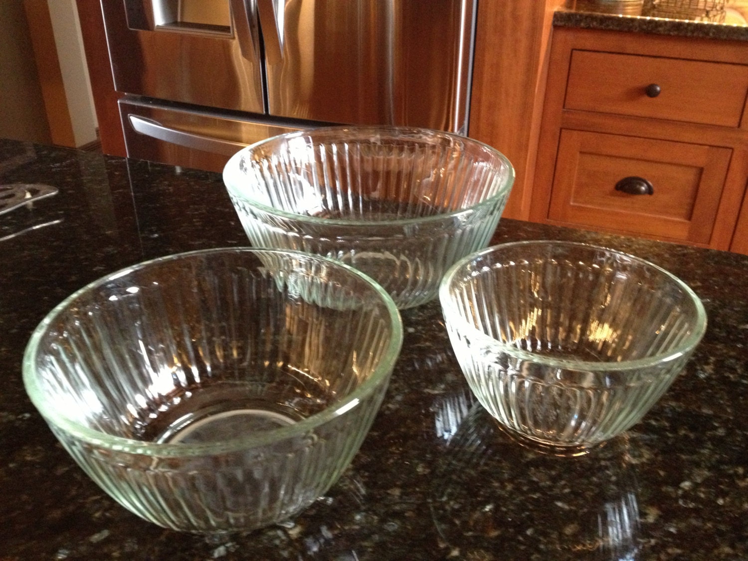 Vintage Glass Pyrex Ribbed Glass Mixing Bowls Set of 3