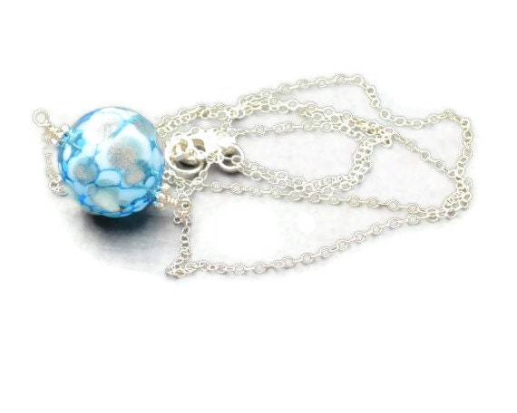 Everyday Necklace Blue Hollow Glass Bead on Sterling Silver Chain