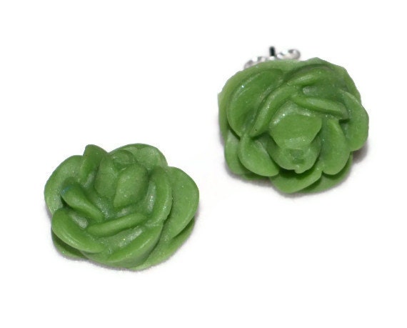 Spring Green Emerald Polymer Clay Rose Earrings on Sterling Silver posts