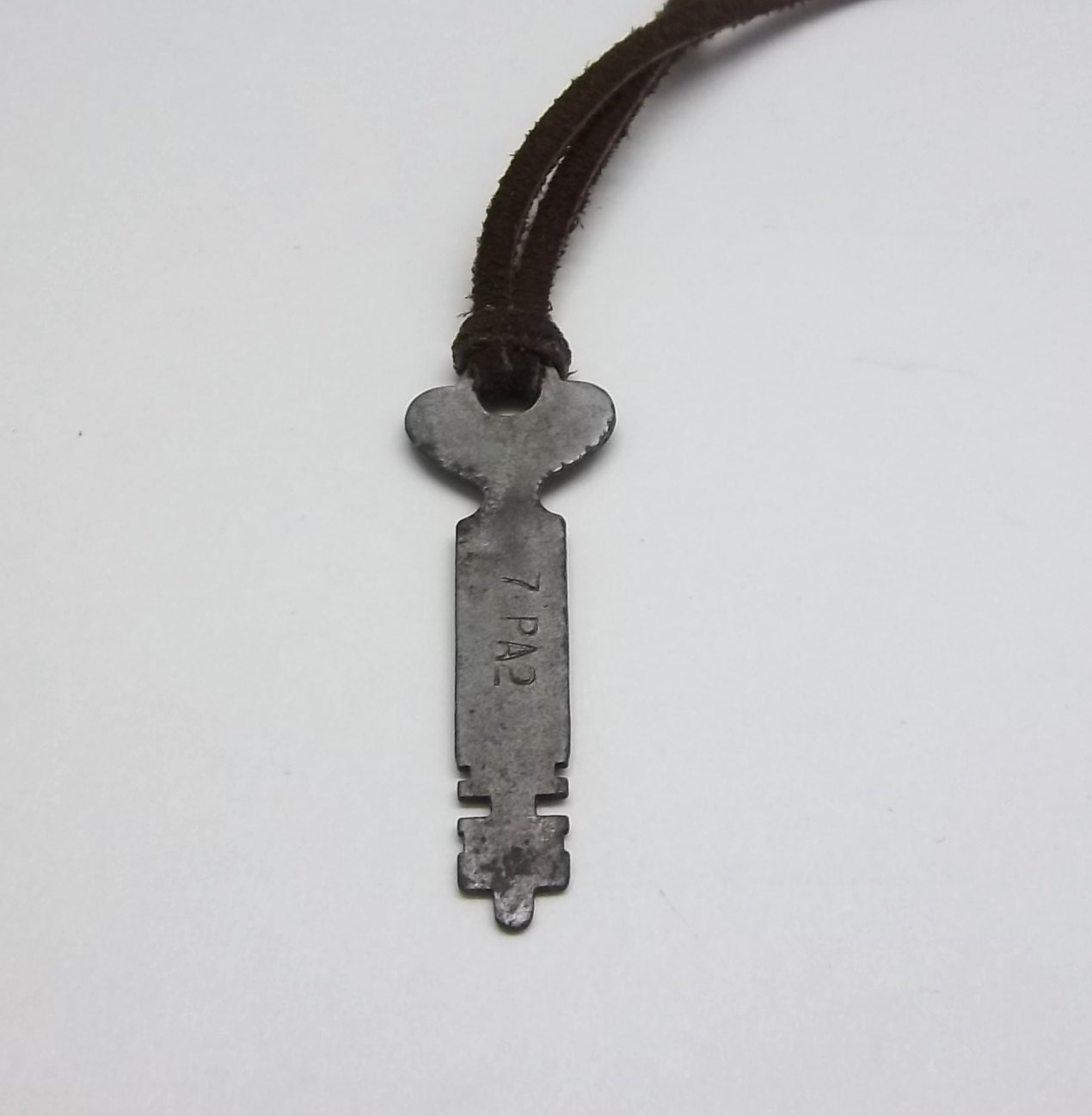 Vintage Flat Skeleton Key Necklace On Brown Suede Handmade Steampunk Gothic