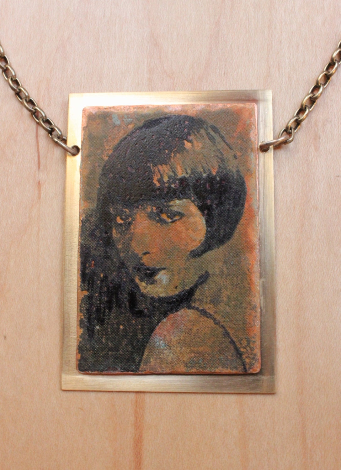 Etched Metal Silent Movie Star Necklace on Brass and Copper - Louise Brooks