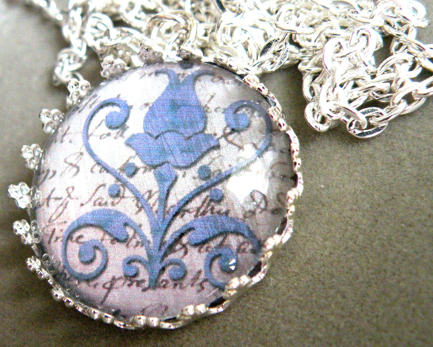 Indigo Flower Silver Crown Glass Pendant Silver Chain Necklace