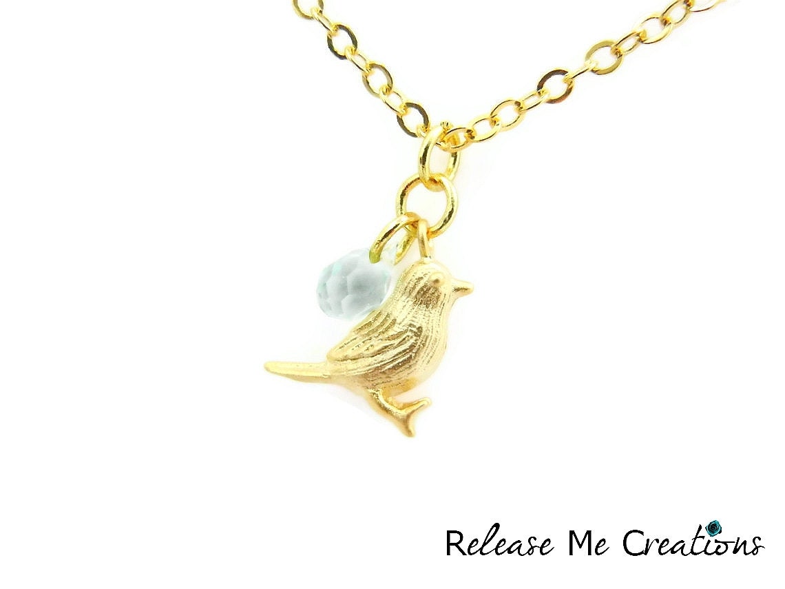 Romantic Little Birdy Necklace Gold Faceted Glass Crystal Blue Gemstone