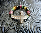 Multi-Tourmaline Sideways Cross Ring Rhinestone Colorful