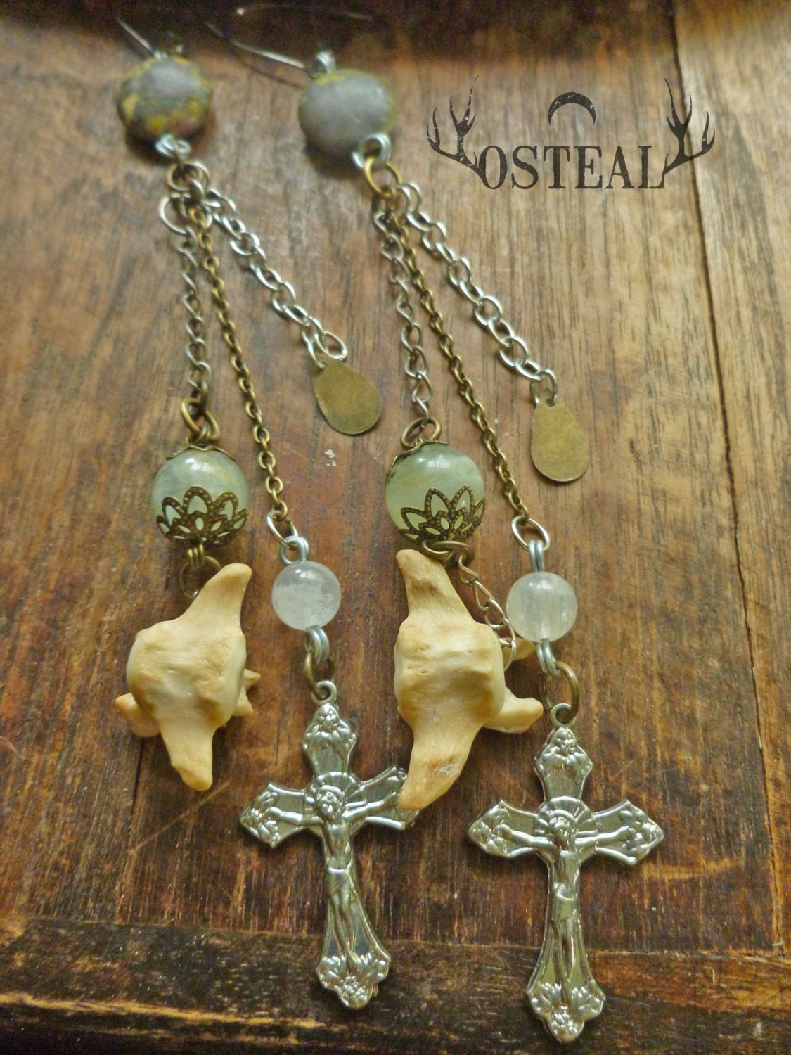 Modron  - goddess, bone earrings with cross charm
