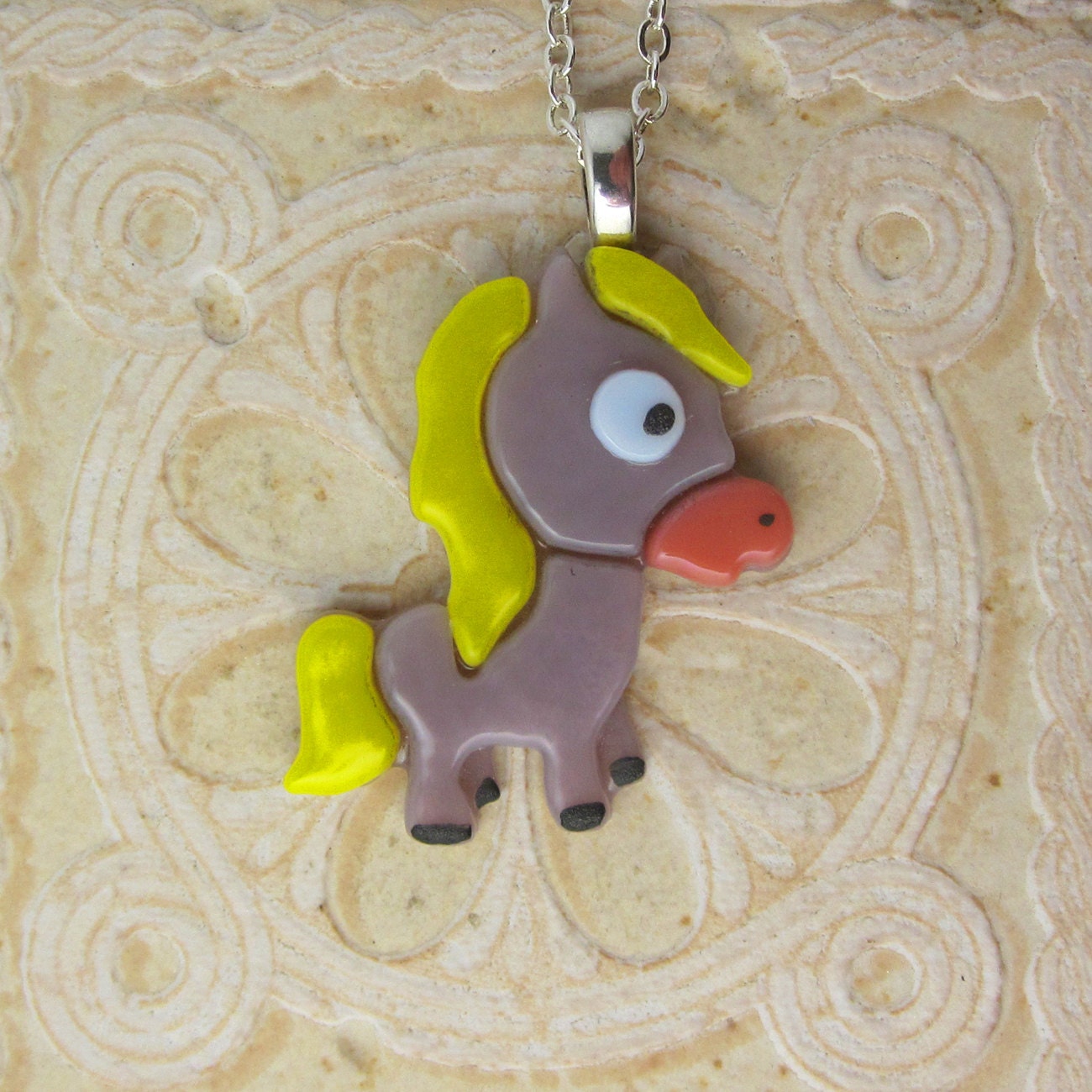 Pony Pendant, Fused Glass Lilac & Yellow DGP-273