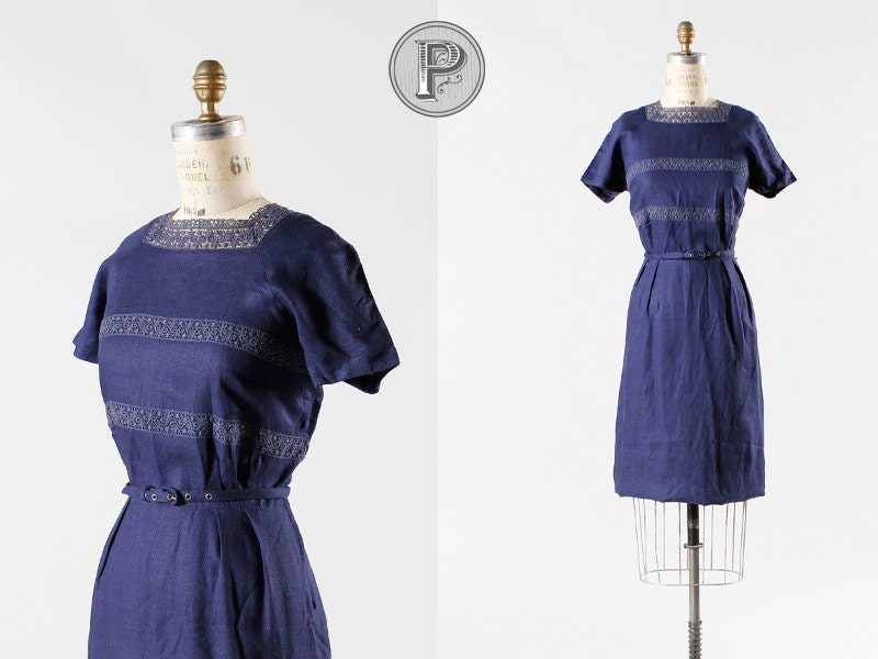 1960s dress large / 60s navy blue day dress : Bike Ride