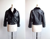 SALE/////Vintage 1980s black cropped leather jacket with mink collar