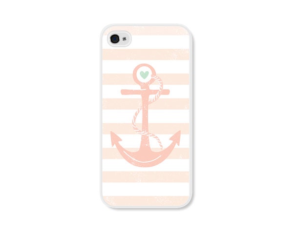Striped Anchor Apple iPhone 4 Case - Plastic iPhone 4 Case - Nautical iPhone Case Skin - Coral Peach Pink White Cell Phone