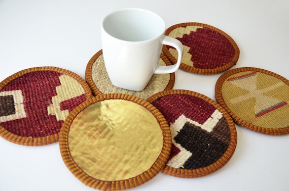 Sukan / Hand Woven - Turkish Antique Kilim Cups Coasters - 6 pcs - purple, ivory, gold, yellow, gold
