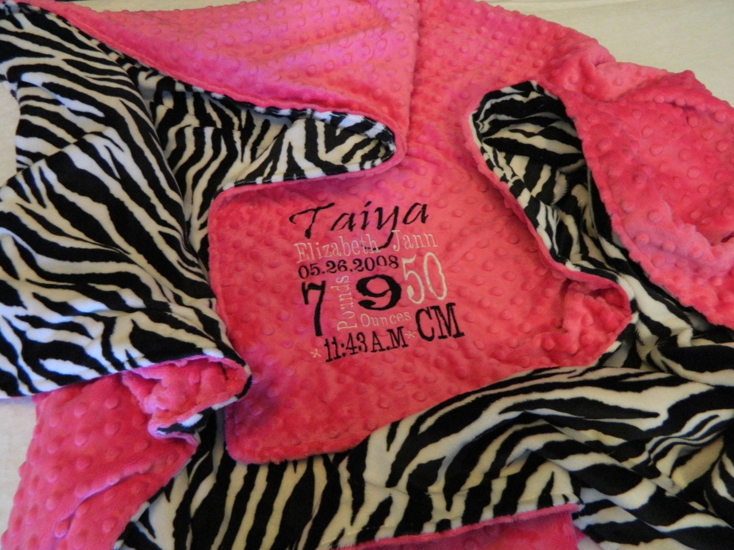 Minky Blanket - Personalized baby blanket - fuchsia minky dot with zebra minky- 30x36"