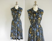 vintage 1950s dress / 50s blue and yellow cotton dress / 1950s peter pan collar and bow dress