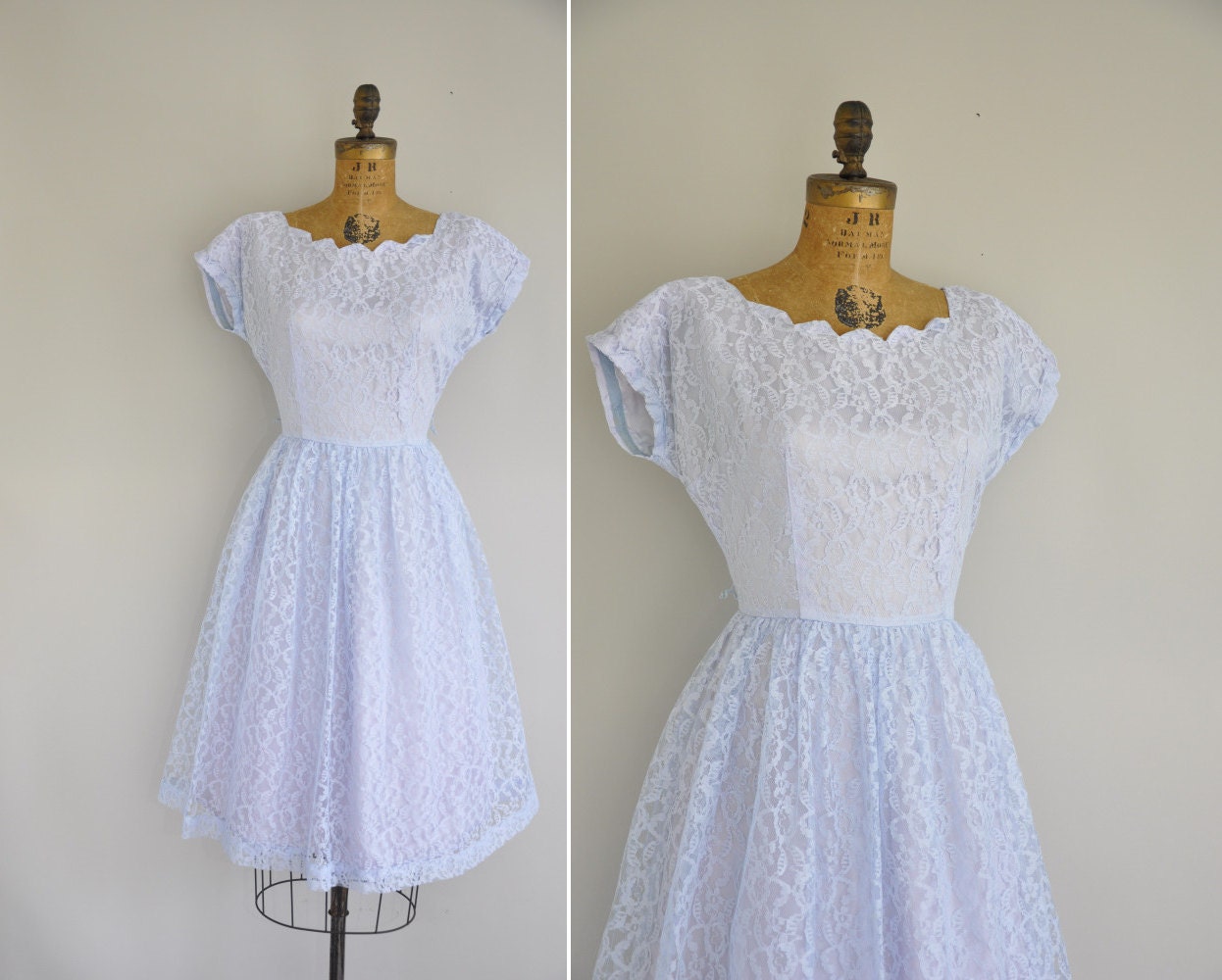 50s dress / vintage 1950s pastel blue lace dress / 50s full skirt lace dress