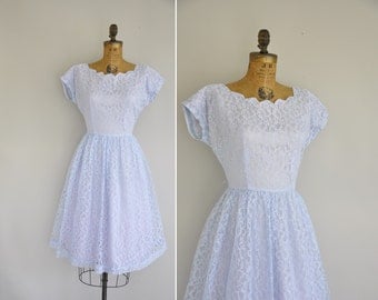 50s dress / vintage 1950s pastel blue lace dress / 50s full skirt lace dress