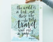 Travel Quote Screen Print on Vintage Atlas Page