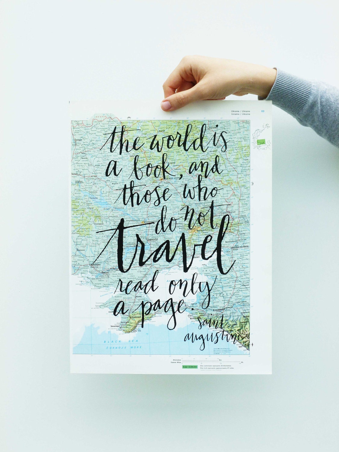 Travel Quote Screen Print on Vintage Atlas Page