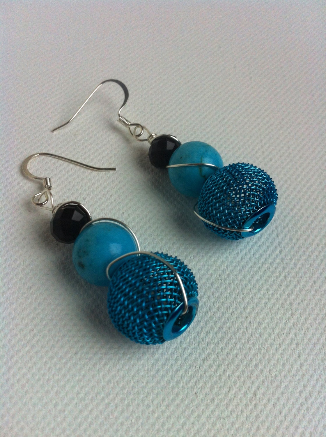 Turquoise and Black Beaded Wire Wrapped Dangle Earrings