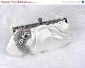 ON SALE Ivory Satin Wedding Clutch, Ivory Bridal Clutch with Crystal Peacock Feather Brooch, Evening Bag
