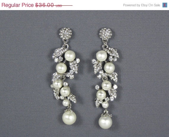 ON SALE Pearl Bridal Earrings, Bridal Pearl Crystal Rhinestone Drop Earrings, Statement Earrings, Vintage Style Drop Earrings, Bridal Jewel