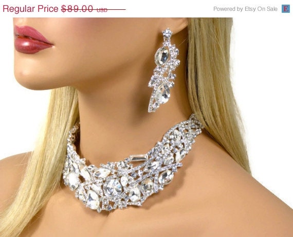 ON SALE Bridal Choker Statement Necklace,  Rhinestone Statement Necklace, Crystal Necklace, Vintage Style Necklace, Ribbon Tie Necklace