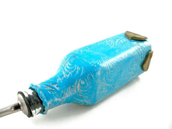 Oil dispenser handmade unique polymer clay aqua and gold with silver