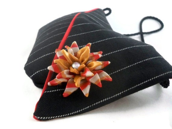 Unique black evening bag pinstripe red satin lining handmade flower brooch