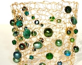 Emerald Green Cuff Bracelet Extra Wide Pearl & Crystal Gold Lace Wire Knit OOAK Artisan Exclusive Lapisbeach Arm Cuff peridot forest spruce